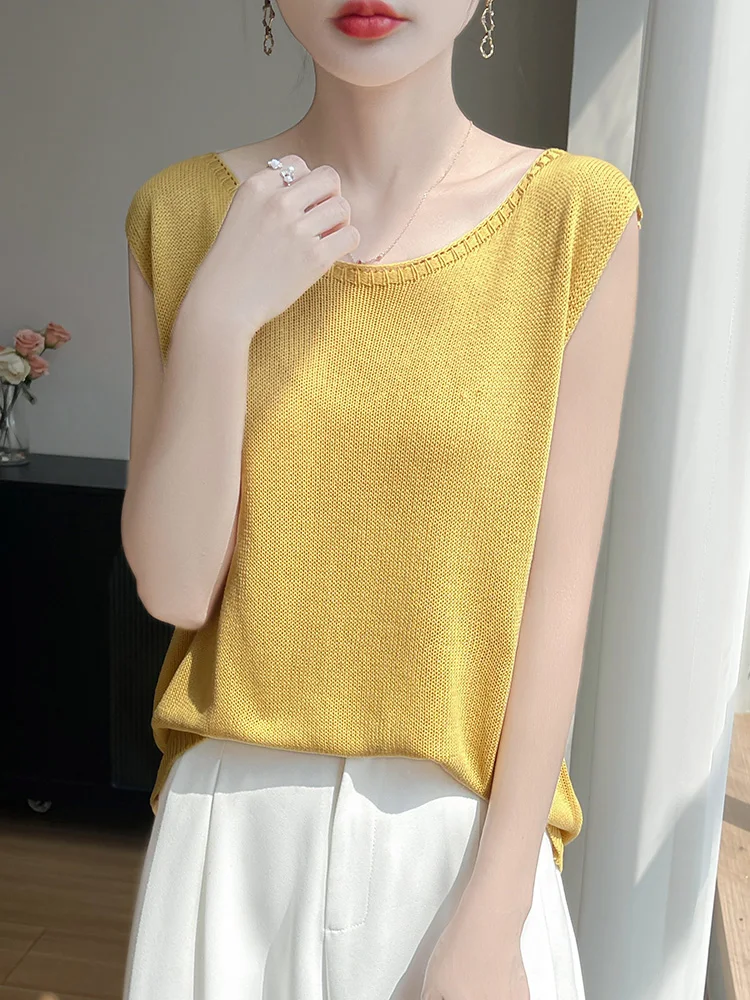 

Summer 2025 Women's Loose Knitted Vest Thin Breathable round Ne Svel Top Slimming Base Layer irt Commute Sle Pure...
