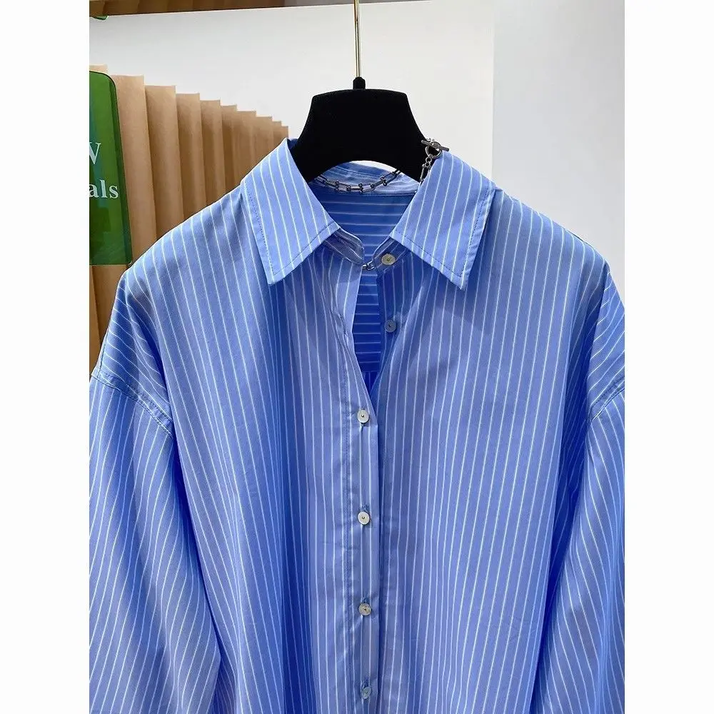 قميص مخطط أزرق بأكمام طويلة مُزين بالدانتيل بلوزات نسائية أنيقة قمصان وبلوزات صيفية