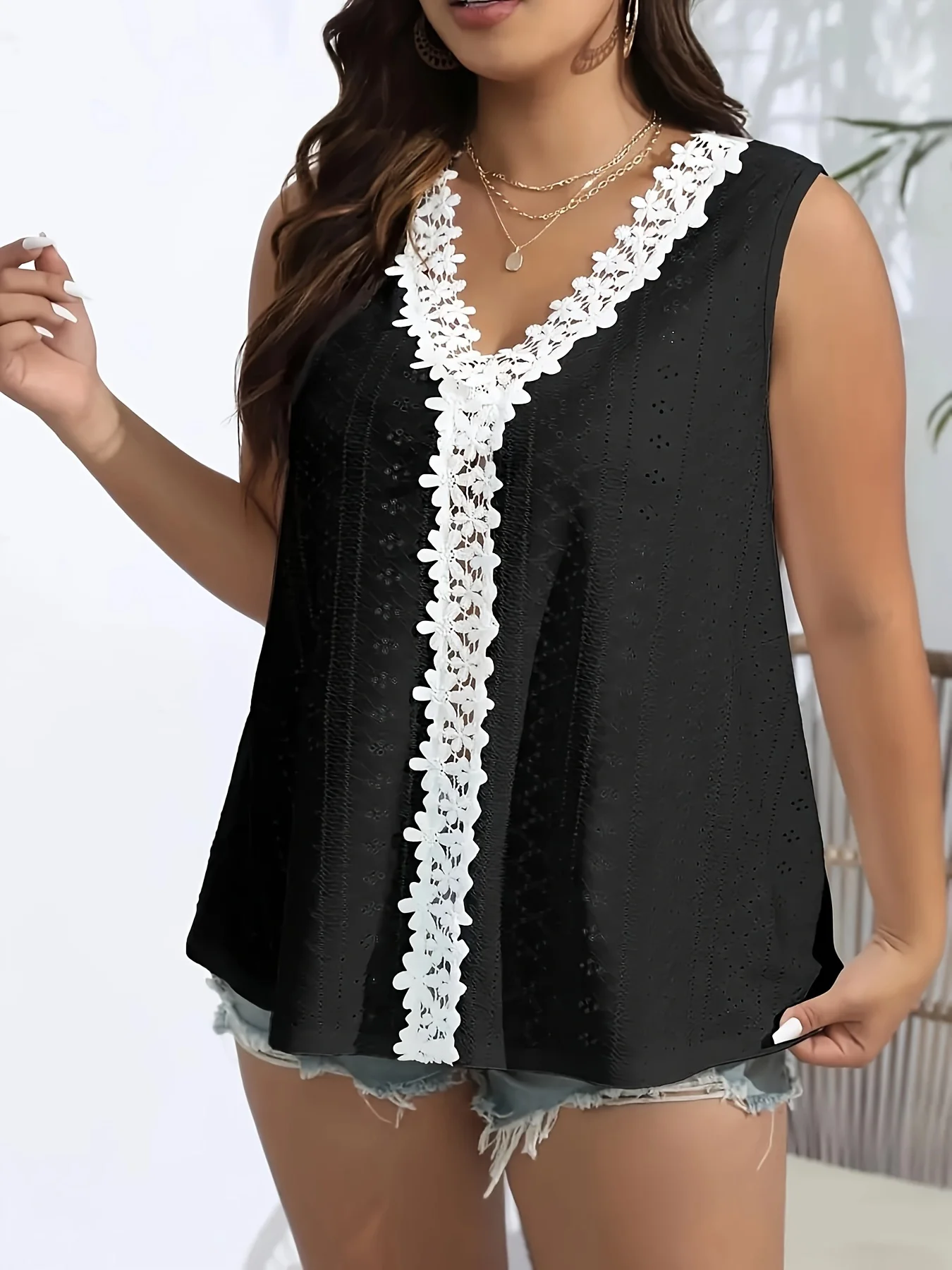 큰 사이즈, 스타일리시하고 캐주얼한 레이스 데일리 패치워크 조끼