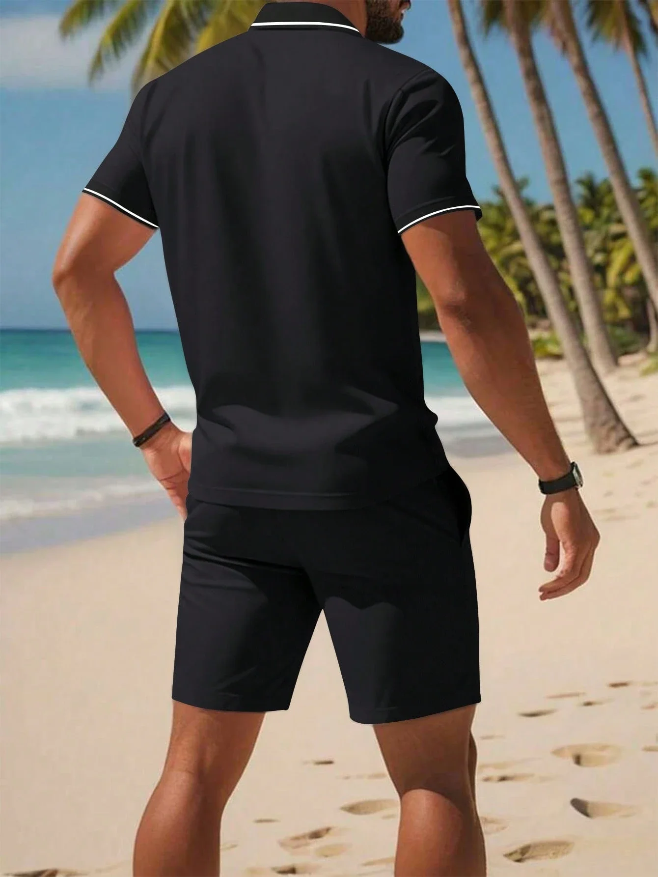 Men's Black Polo Shirt And Shorts Set Casual Summer Sportswear Short Sleeve Drawstring Waist - Image 6