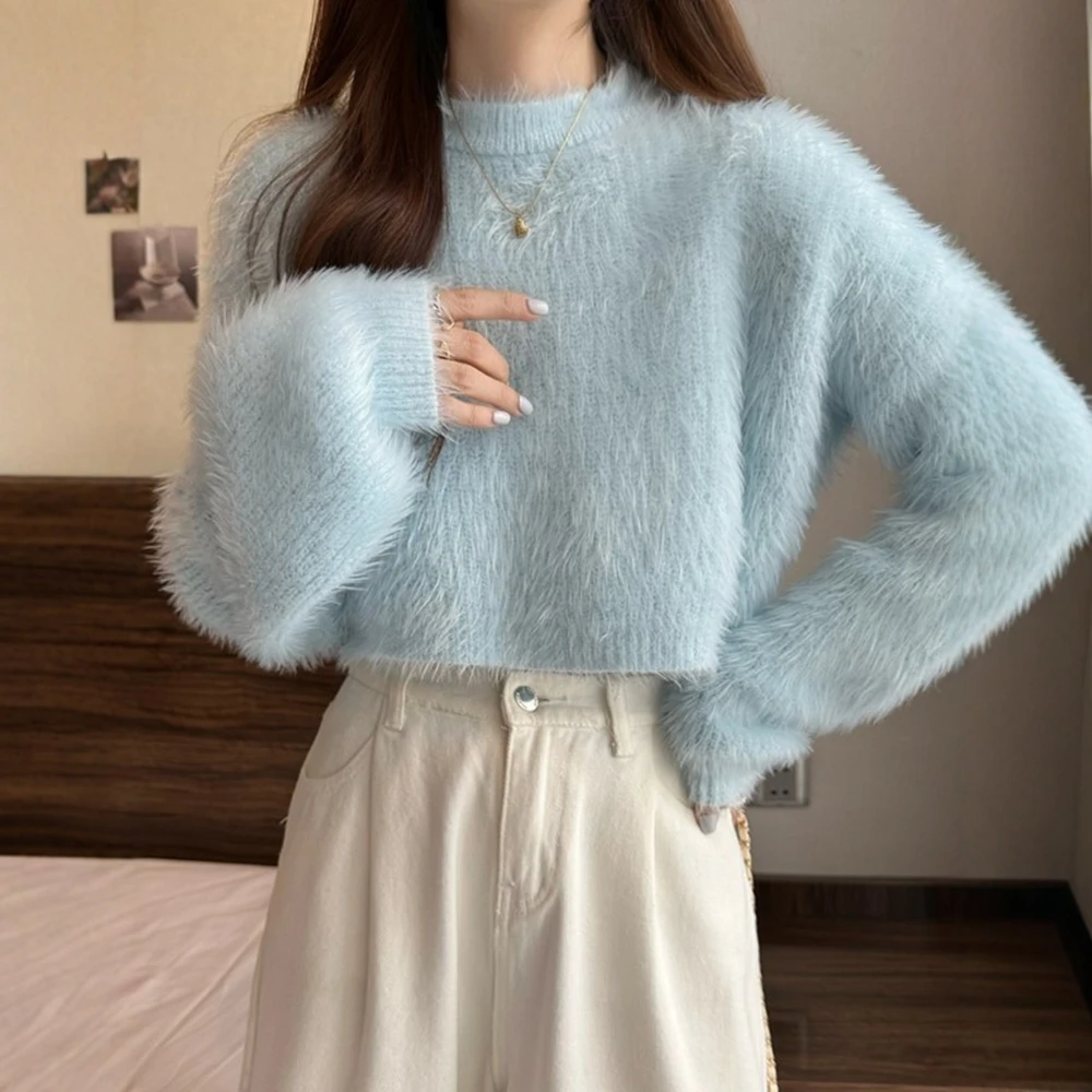 

Женский свитер с круглым вырезом и длинными рукавами, однотонный повседневный топ K-Fashion, базовый осенне-зимний топ