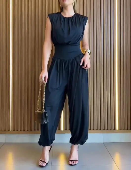 Monos largos para mujer, hombros acolchados, sin mangas, cintura ceñida, mono con abertura larga lateral, mono informal con espalda calada y fruncido