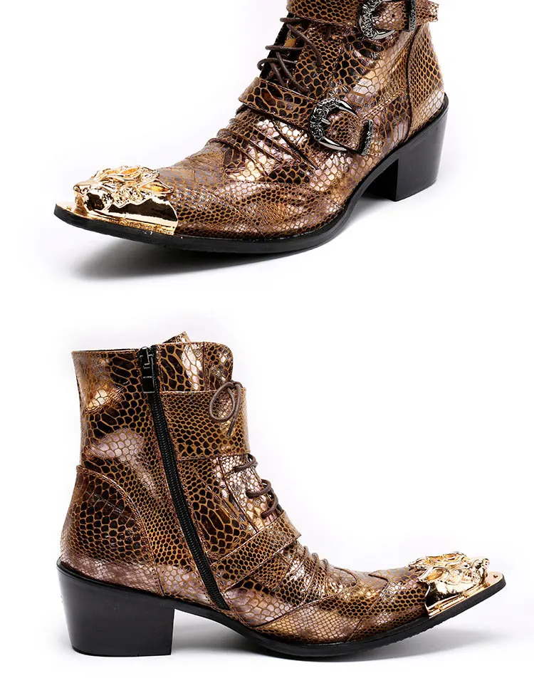 Herren Maßgefertigte Schlangenleder-Stiefel mit Nieten, Mittelhoch, Spitze Zehenkappe, Luxuriöser Singer-Modell-Stil, Bar-Party, Persönlichkeit, Herbstschuhe – Detail 27