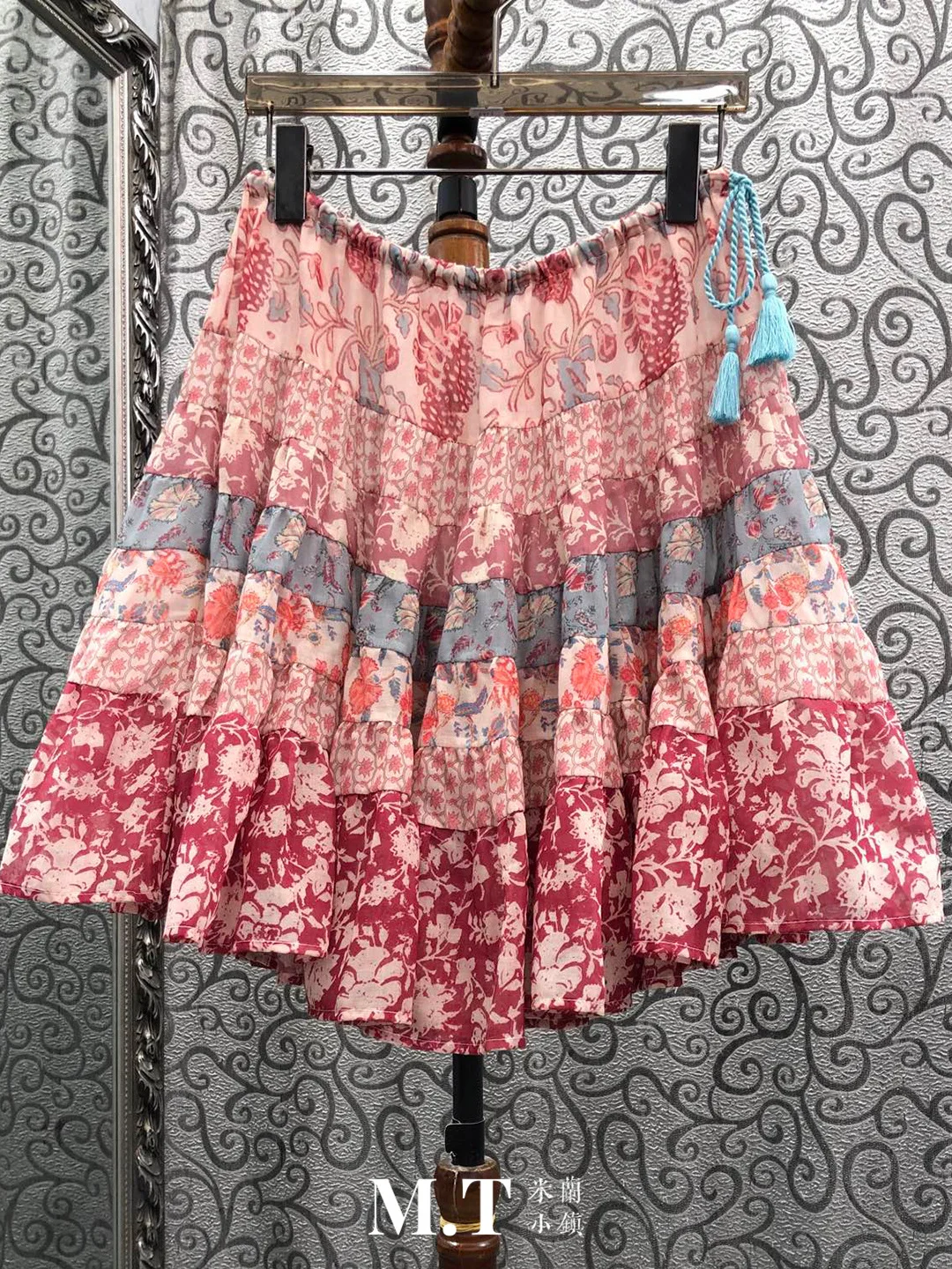 

Milan Small Town Retro Patchwork Print Elastic Waist Tassel Belted Short Skirt Cotton City Commuting High Waist A-Line Skirt