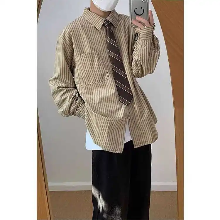 

2024 American College Sle Striped Long Sve irt Spring Summer New Retro Hong Kong Sle Men's irt Youth Daily Wear