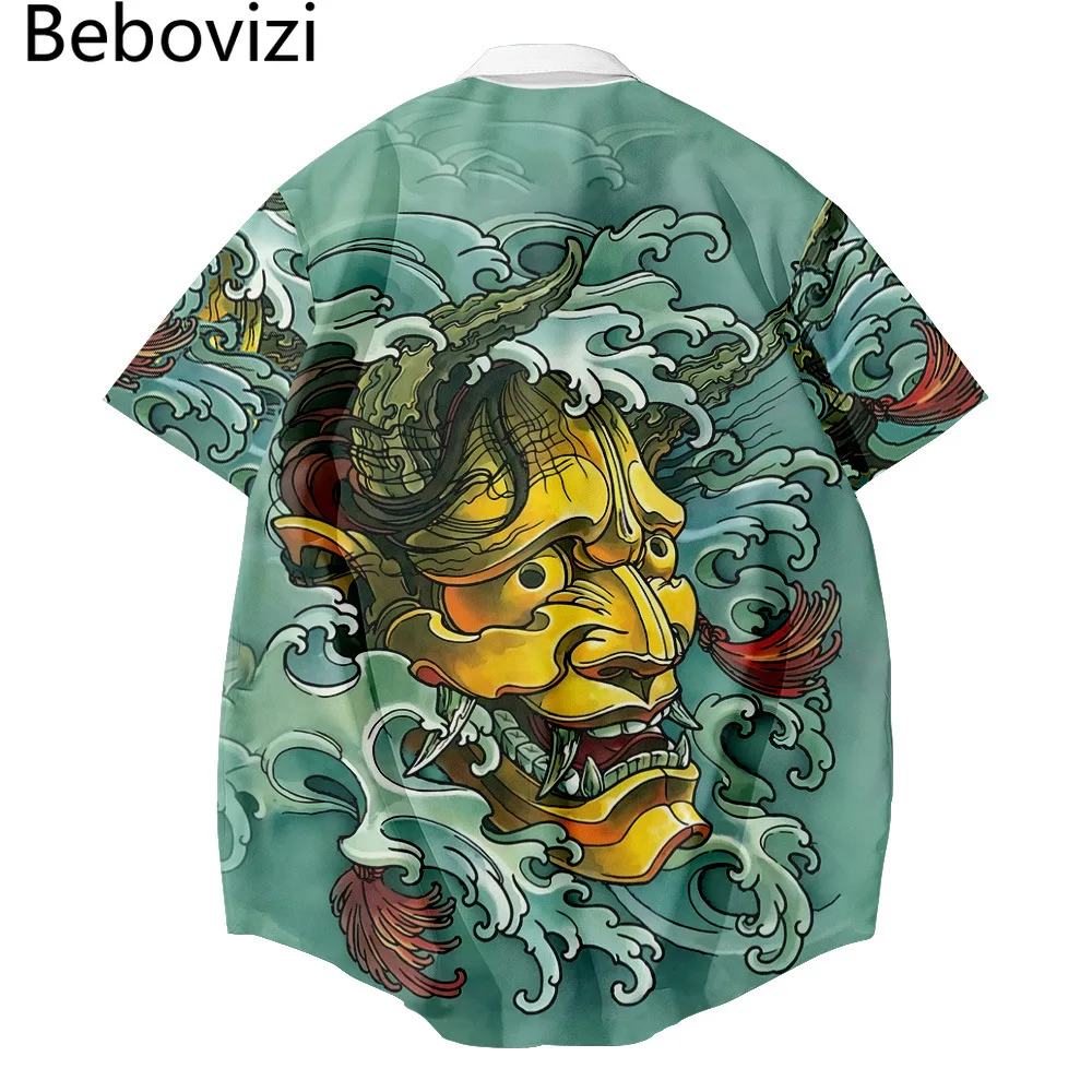 

Japanese Style Streetwear Hawaiian Demon Print Green Shirt Beach Summer Short Sleeve Harajuku Shirt Men Hip Hop Oversized