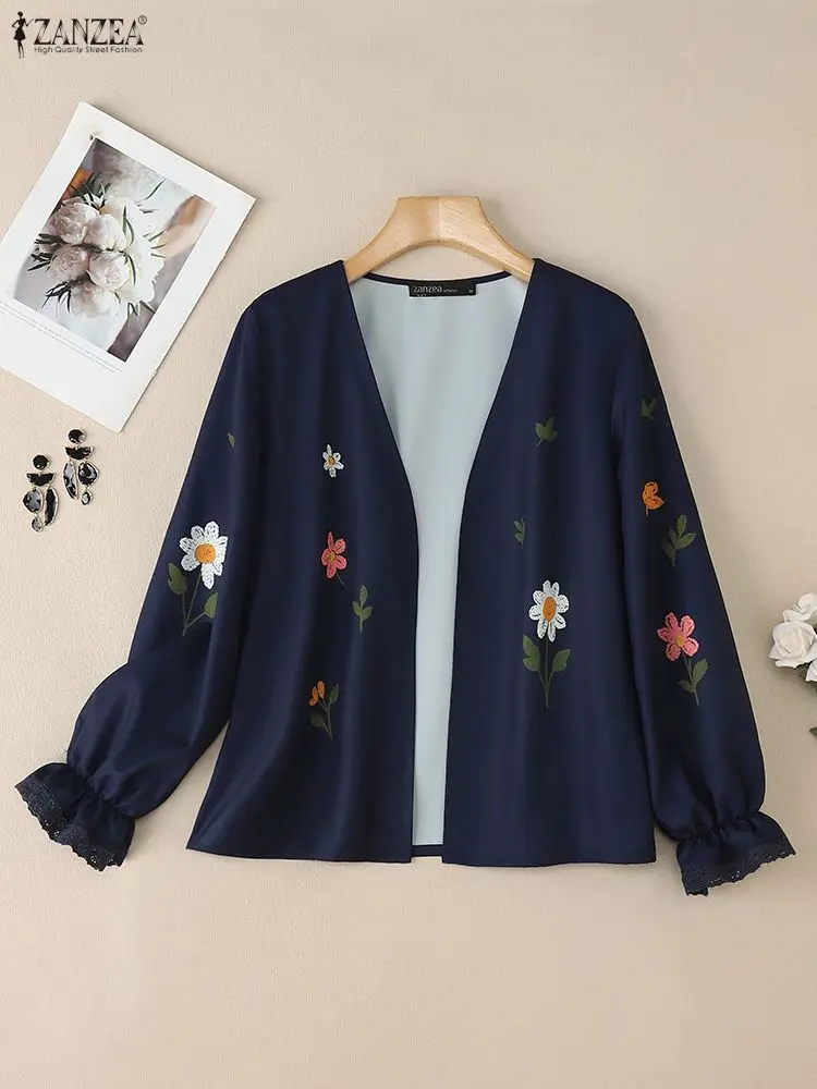 ZANZEA 2025 Autumn Blouse Open Front Cardigans Shirt Women Casual V Neck Long Sleeve Print Cardigan Female Cover Up Kimono Tops