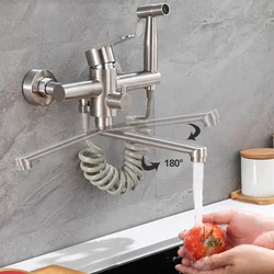 Grifo negro cepillado para fregadero de cocina, mezclador de agua fría y caliente de acero inoxidable 304, con caño largo y rotación con bidé