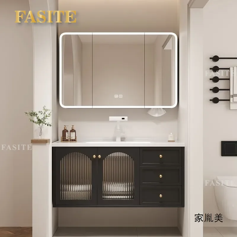 Rubber Wood Bathroom Vanity with Ceramic Integrated Basin Pastoral Style Sink Cabinet for Small Powder Room Easy Clean