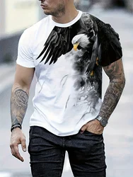 Men's Summer Fashion Number Eagle and Watercolor Marker Pattern Round Neck Short Sleeve T-Shirt Fashionable Casual Top