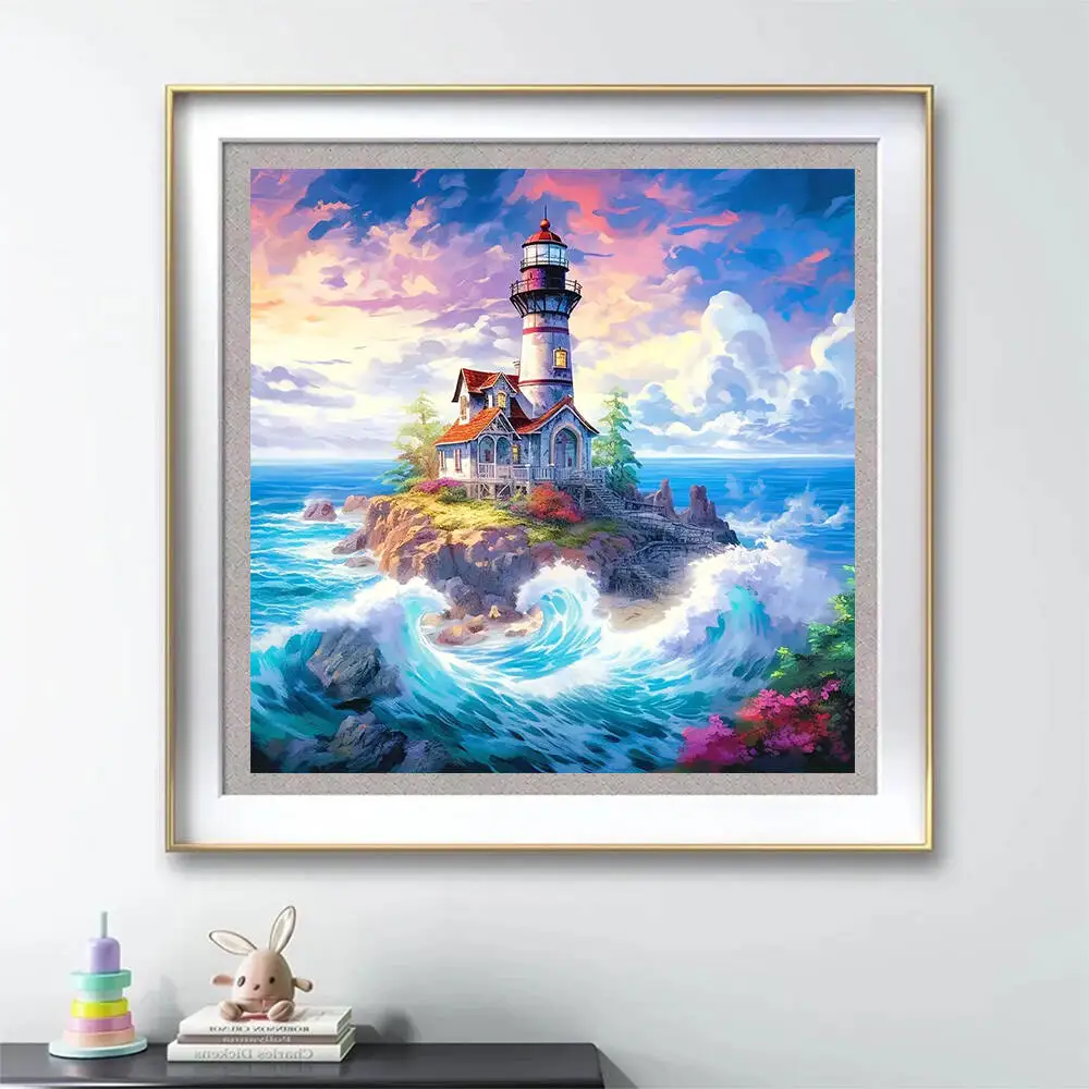 Evershine Diamond Embroidery Lighthouse Painting Seasdie Full Square Round Landscape Mosaic Handmade Hobby