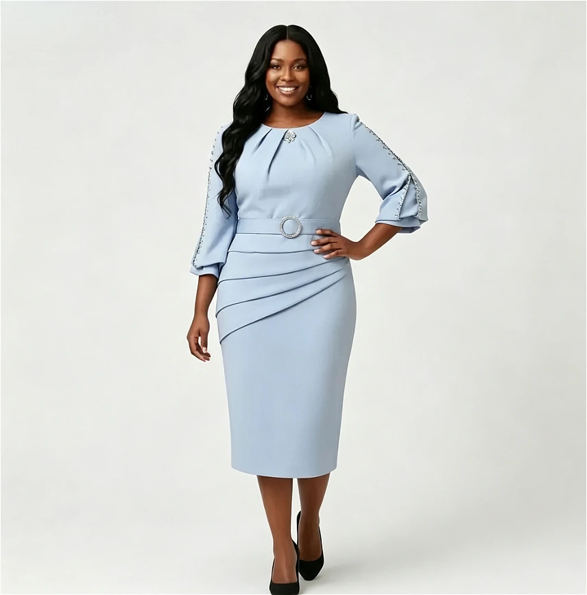 Customed Light Blue Sheath Round Neck Mother of Bride Dress Beaded 3/4 Sleeve Ruched Rhinestone Belt Formal Wedding Guest Gown