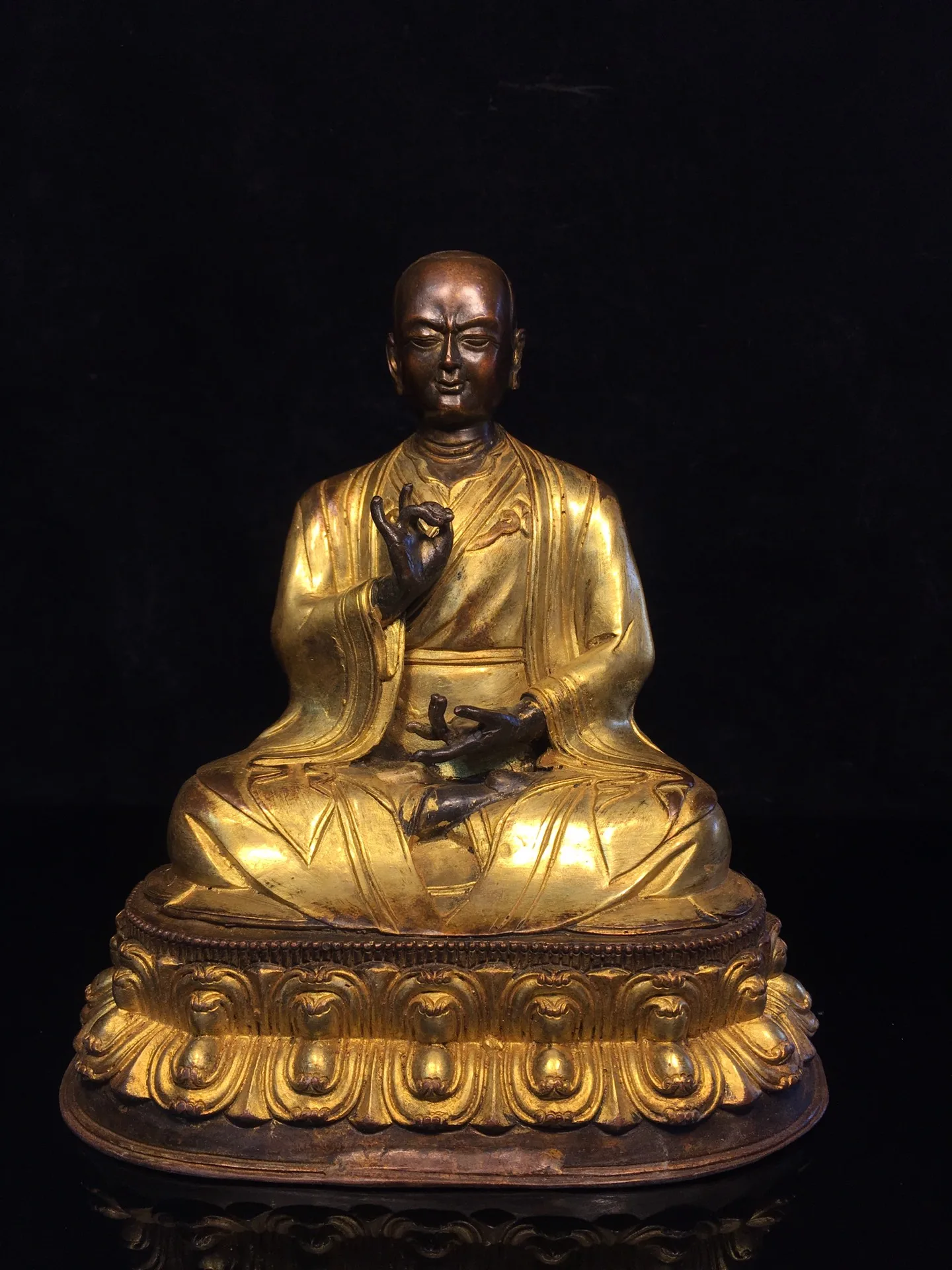 

10"Tibetan Temple Collection Old Bronze Cinnabar Gilded Guru Buddha Buddhist Teacher Lotus stage Worship Hall Town house