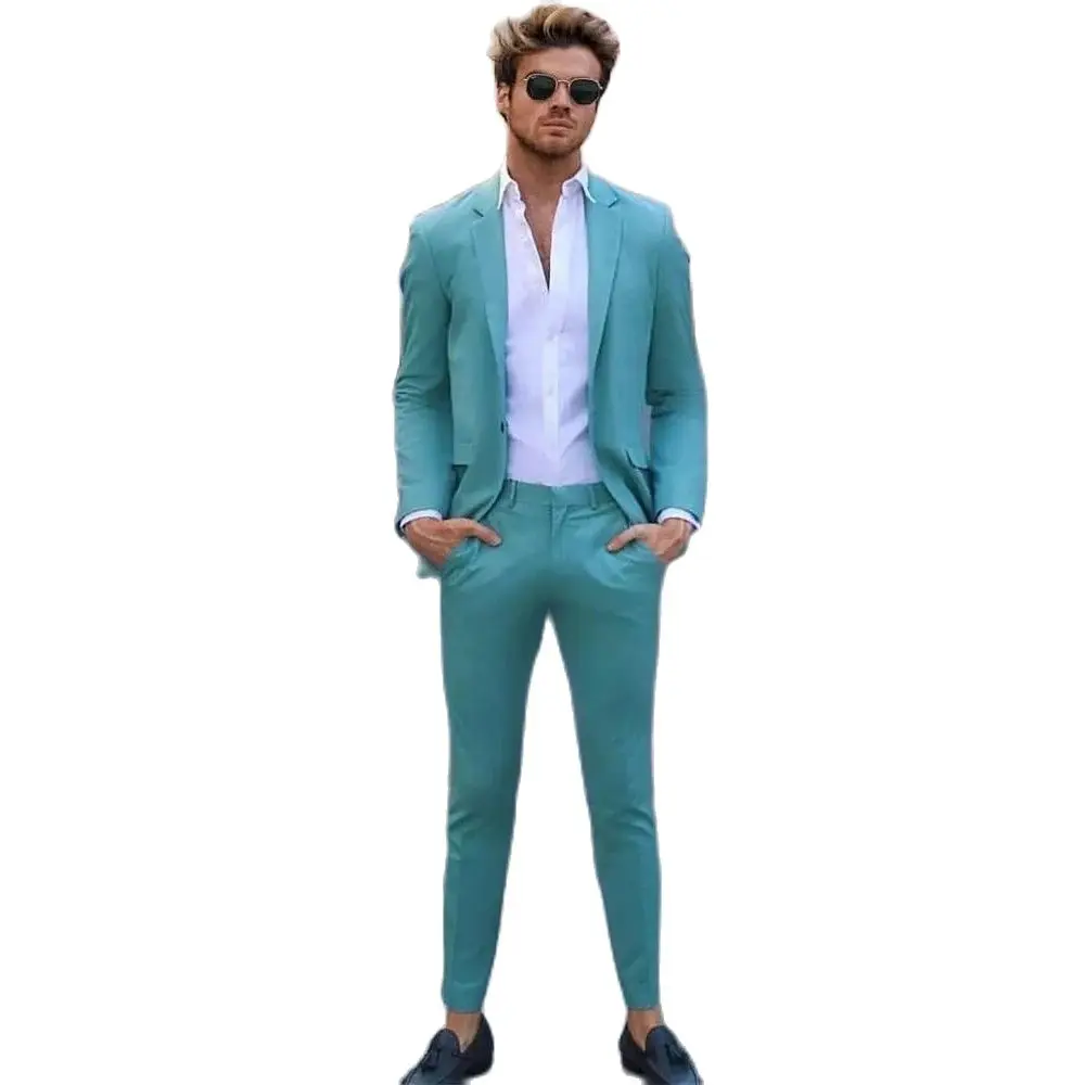 STEVDITG Skinny Men Suits Mint Color Formal 2 Piece Jacket Pants Wedding Groom Regular Full Set Tailor-Made Slim Fit 2024 Terno