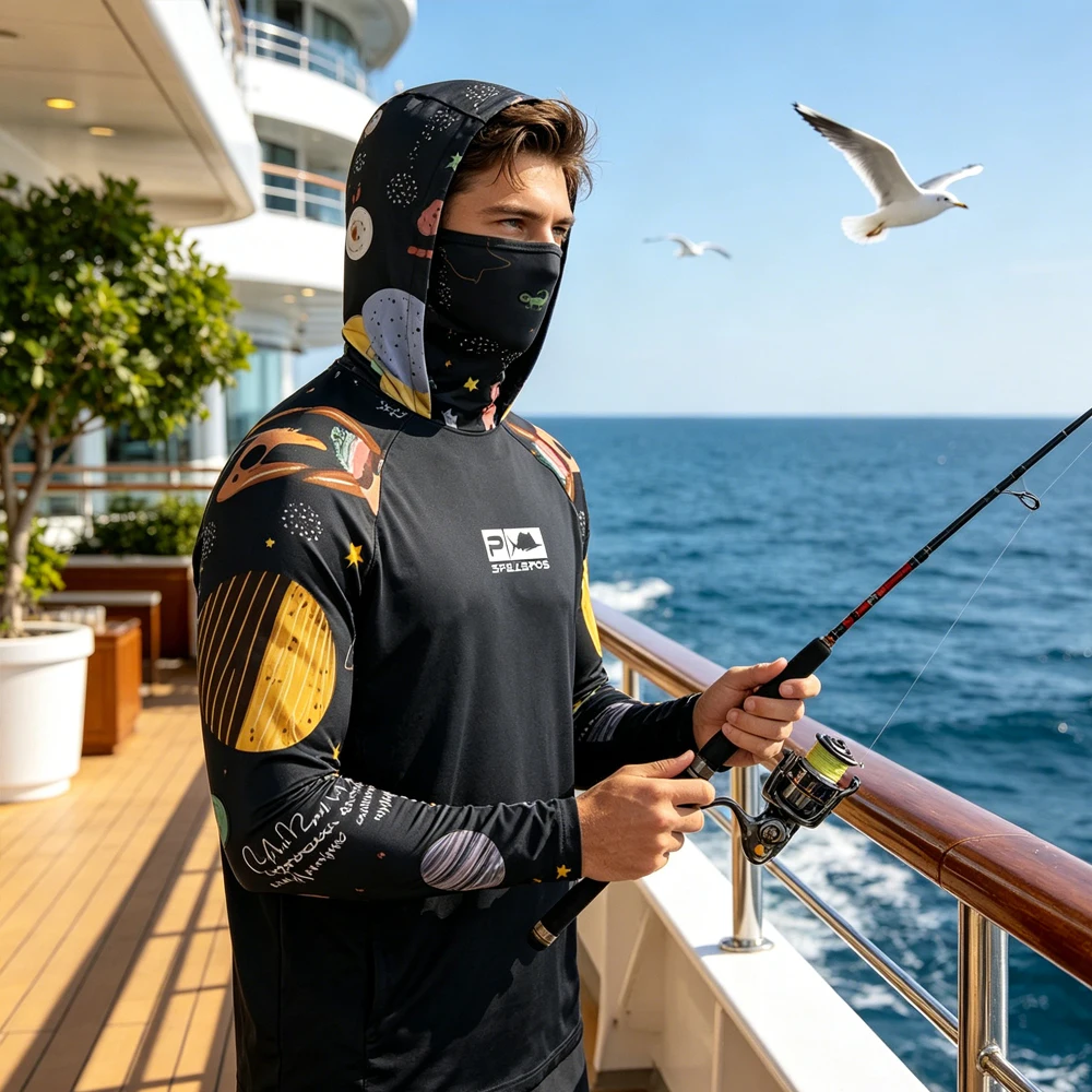 UPF50+ UV Protection Men Hooded Fishing Shirt With Face Mask Long Sleeve Quick Dry Breathable for Outdoor Fishing Hiking Camping