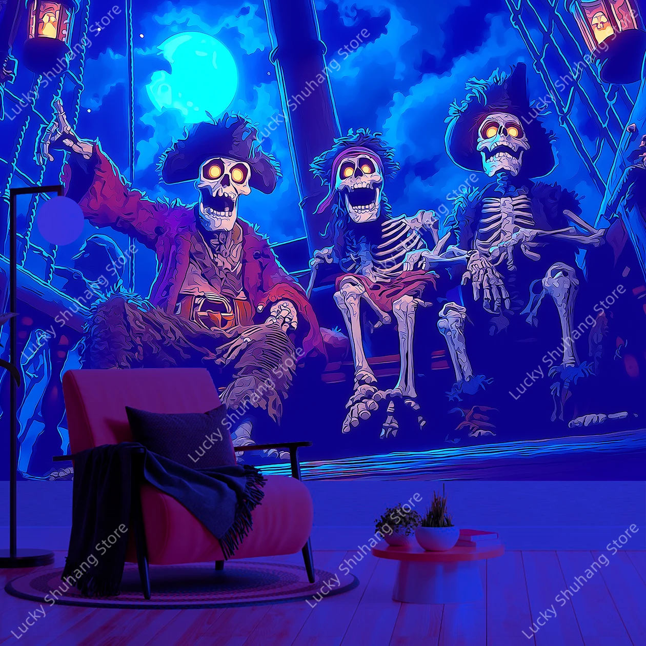 Eerie Moonlight Pirate Captain with Glowing Skeletons on Haunted Ship Deck Gothic UV Tapestry Wall Hanging for Spooky Home Decor