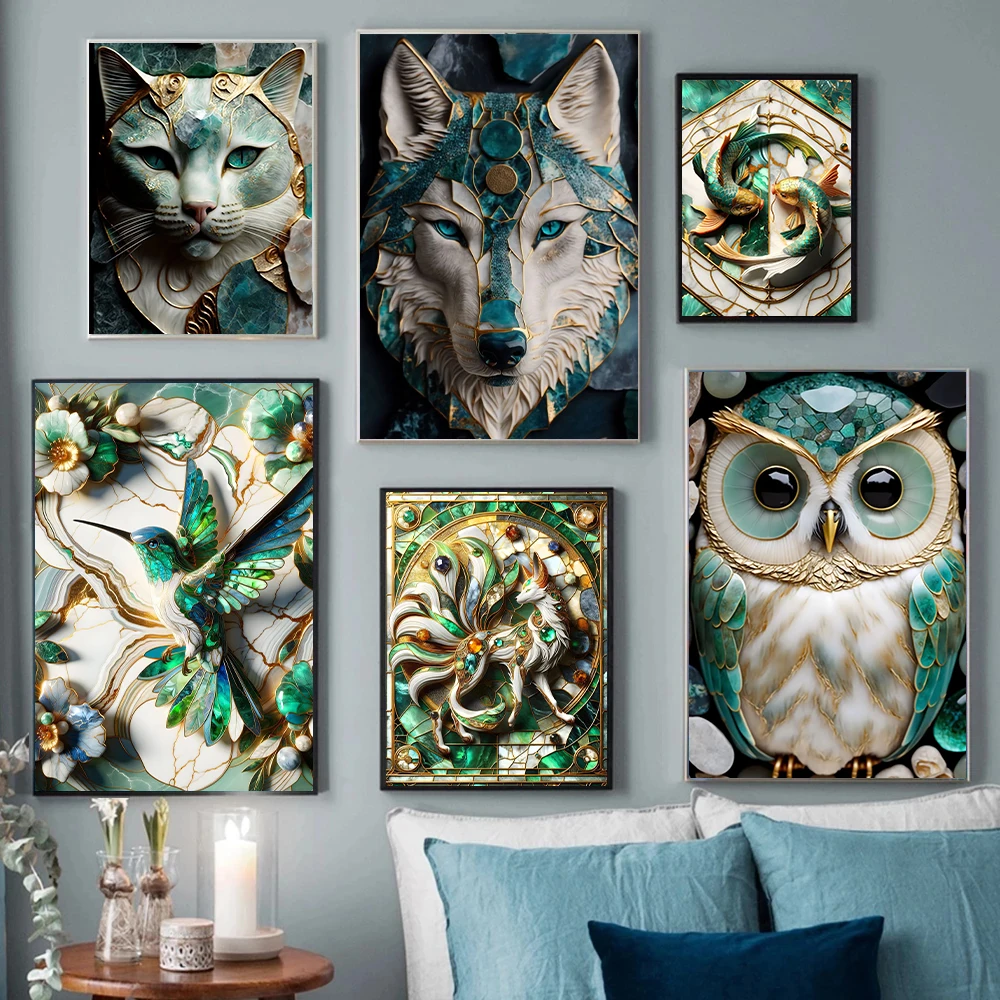 Emerald Jade Posters and Prints Gem Golden Animal Head Canvas Painting Wall Art Elegant Splendid  Pictures for Living Room