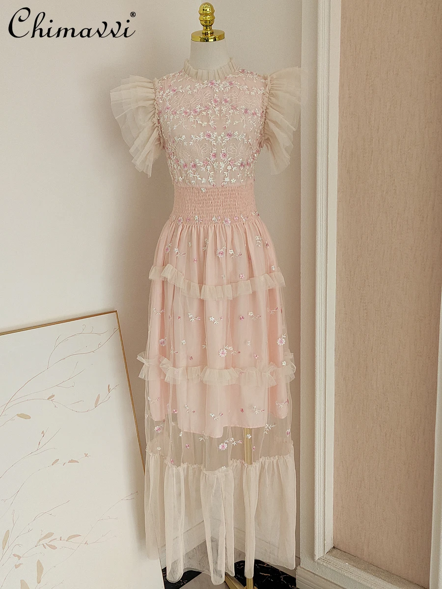 

Ladies 2024 Summer New French Fashion Mesh Embroidered Wooden Ear Slim Dress Women's Sweet Elegant Slimming Party Dresses
