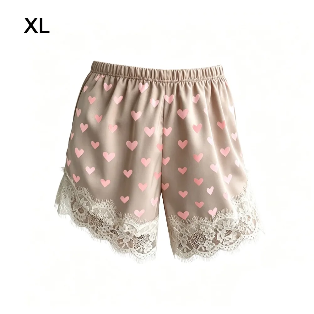 Bottoms Heart Print Lace Satin Shorts Lace Hem Silk Material Elastic Waist Shorts Wide Leg Mini Shorts Women's Wear