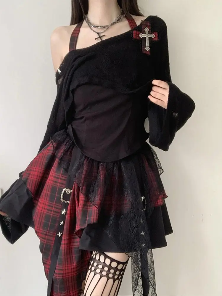 

Готическая горячая девушка, американская мода, комплект из 2 предметов, женская черная блузка + шикарное платье нестандартной формы, новый тонкий винтажный костюм Pure Desire, летний