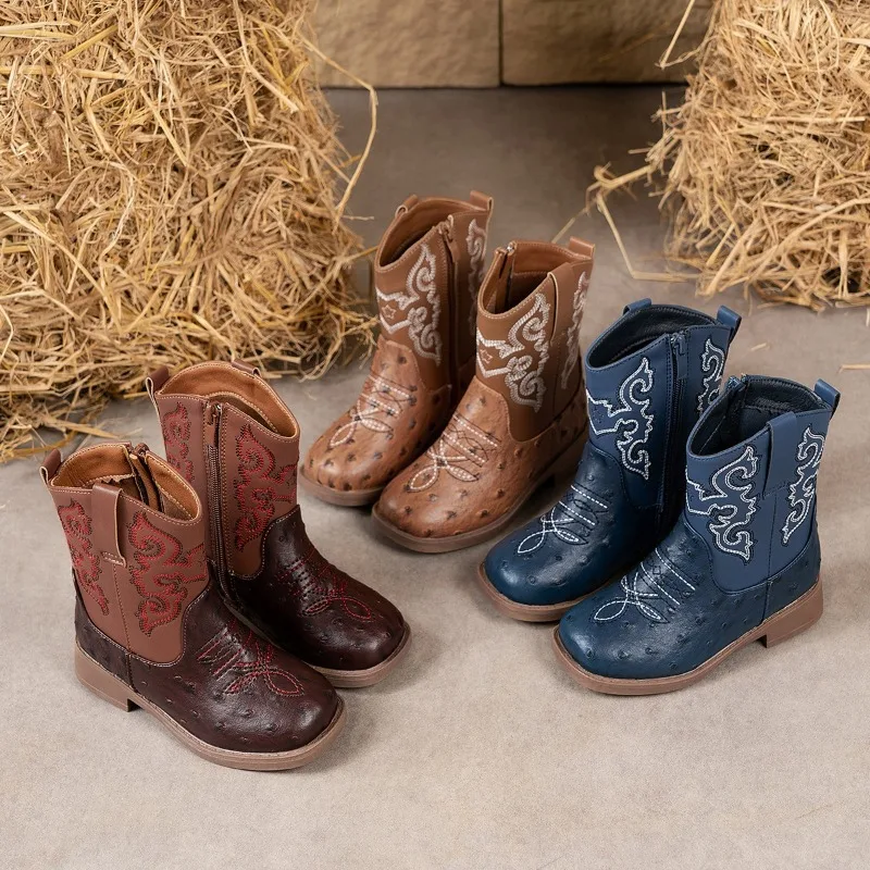 Kids' Fashion Western Cowboy Boots Embroidery Multi - Color Toddler Cowgirl Boot Soft Soled Mid Tube Girls' Retro Casual Shoes