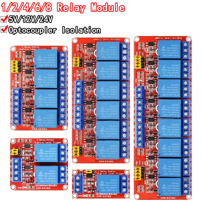 1 2 4 6 8 Channel 5V 12V 24V Relay Module Board Shield with Optocoupler Support High and Low Level Trigger for Arduino