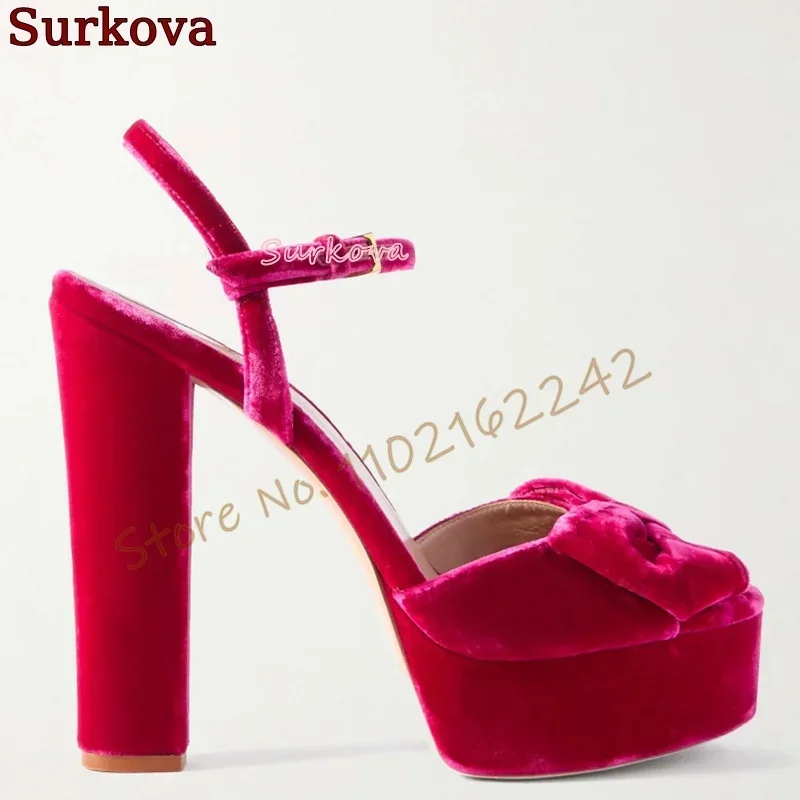 Red Velvet Bow High Heels Open Toe Thick Heel Water Platform Sandals Elegant Party Dance Runway Boots Women Summer Gladiators 46