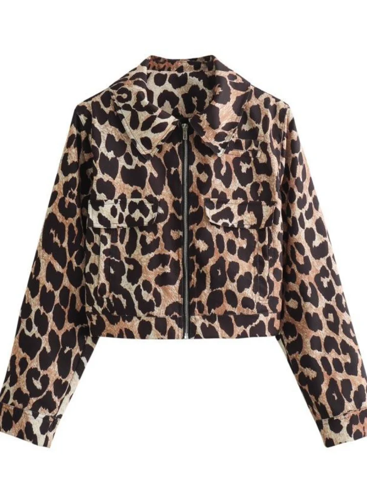 Leopard Print Zipper Casual Women\'s Jacket Fashion Trend Lapel Long Sleeved Pocket Coat Autumn High Street Commute Lady Coats