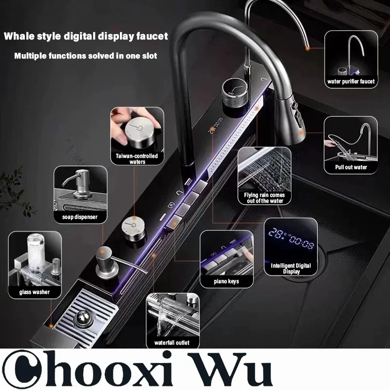 CHOOXIWU - Digital Fly Rain Waterfall Sink Embossed Nano 304 Stainless Steel Large Single Bowl Black Kitchen Washbasin