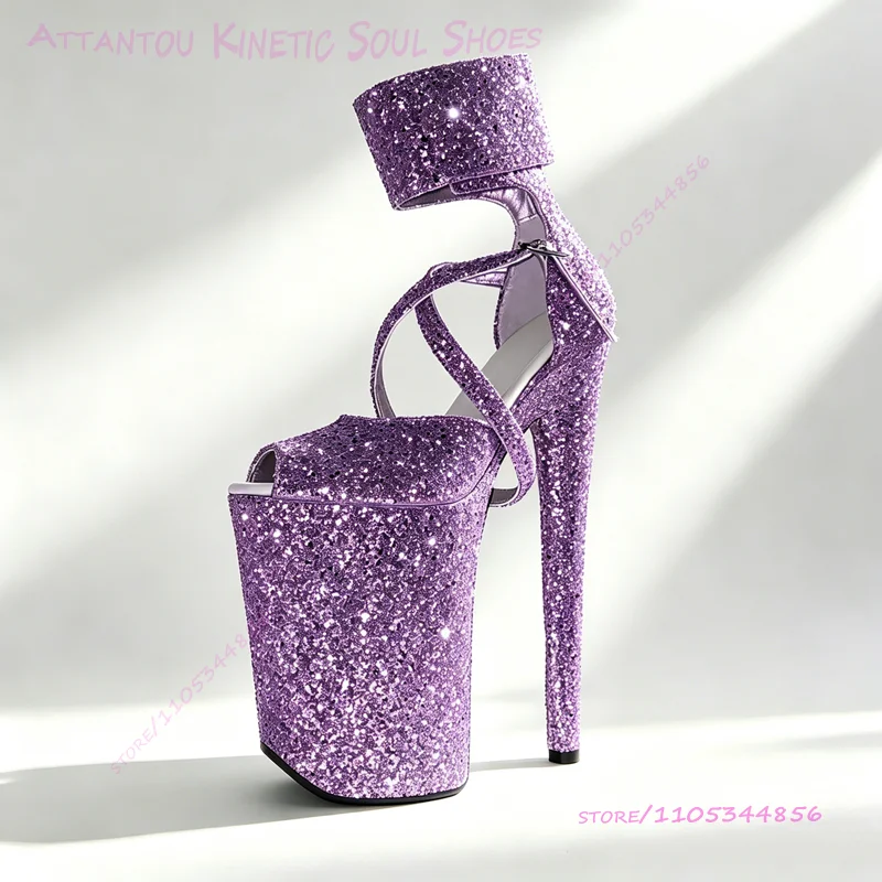 

Silver Purple Crystal Glitter Sandals 23cm Women Pole Dancing 9 Inch Platform Heels Peep Toe Ankle Strap Buckle Pump Stage Shoes