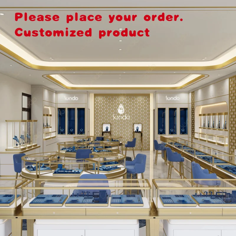 custom.Sundo Luxury Jewelry Showcase Counter Blue Jewellery Display Cabinet Backlit Niche Wall Gold Store Fixtures