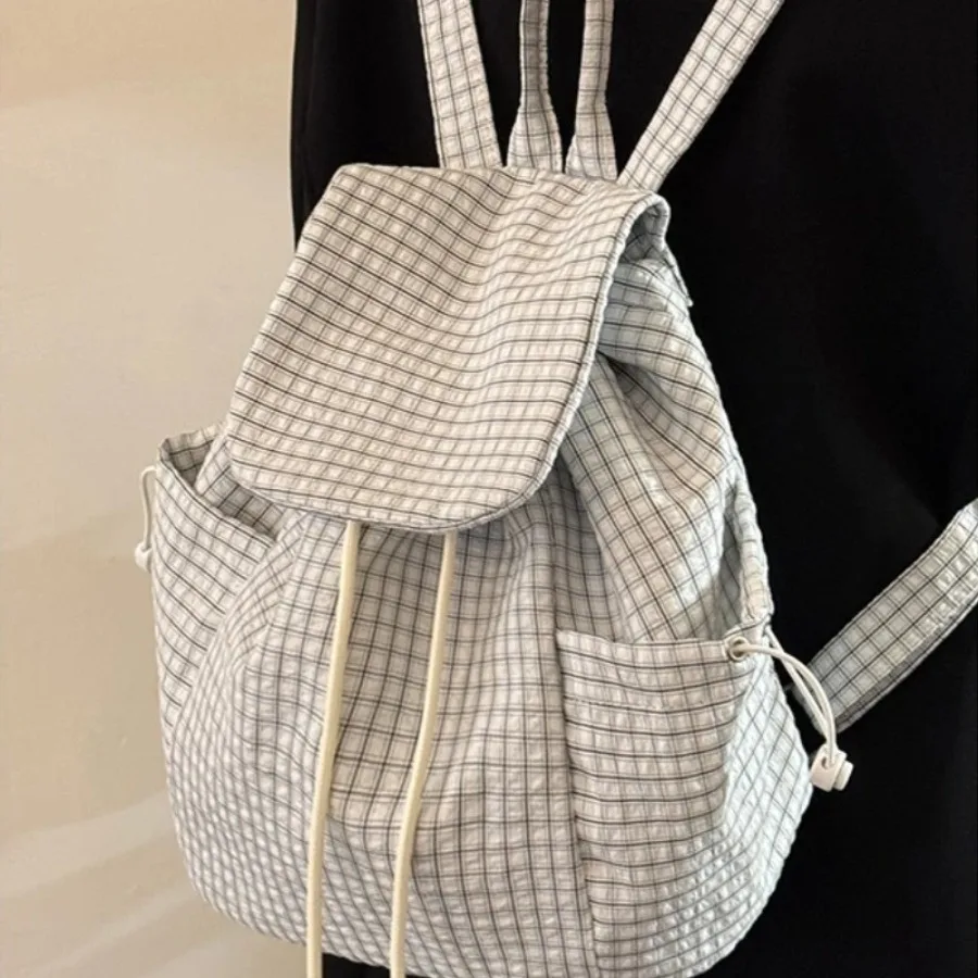 

Summer fashion literary canvas backpack drawstring pleated schoolbag simple versatile students large capacity shoulder bags