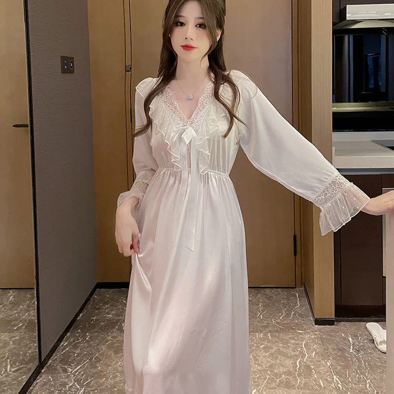 Women Nightdress Home Clothes Girl Long Sleeve Nightwear Lace V Neck Sleepwear Princess Style Gauze Nightgown Satin Night Dress