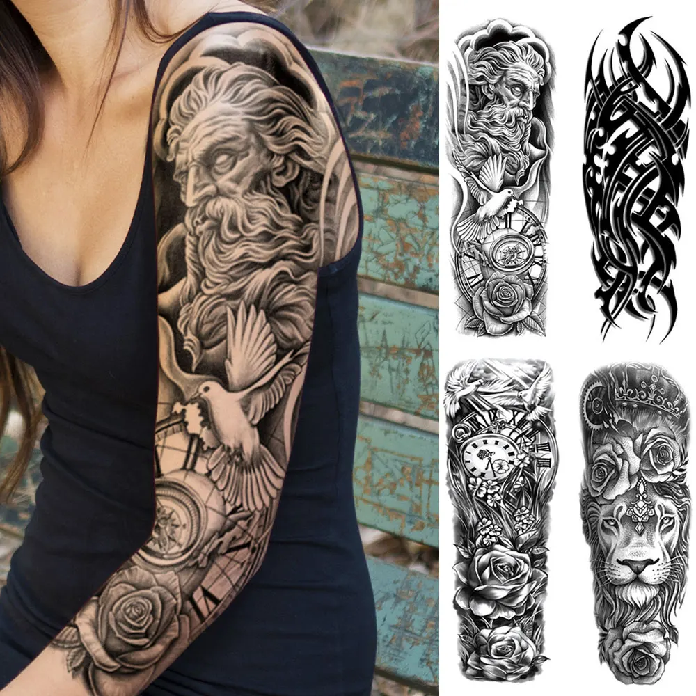 

Большая водонепроницаемая временная татуировка-наклейка на всю руку: часы, лев, роза, голубь, племенной тотем. Фальшивая татуировка для тела, боди-арт для мужчин и женщин.