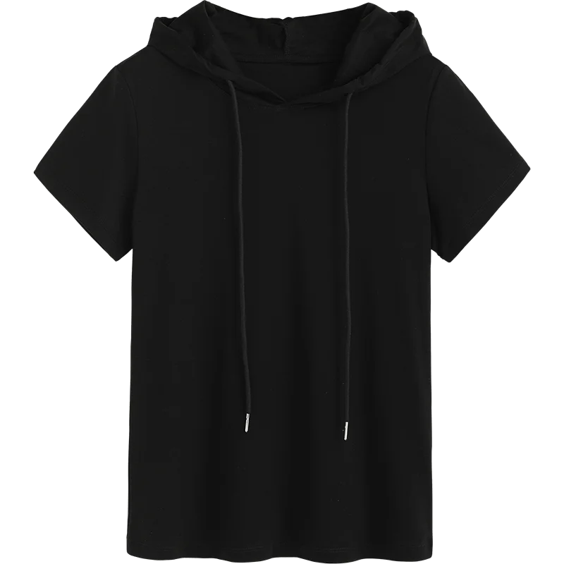 

Женская хлопковая футболка с коротким рукавом, однотонная облегающая Повседневная футболка с капюшоном, лето 2023