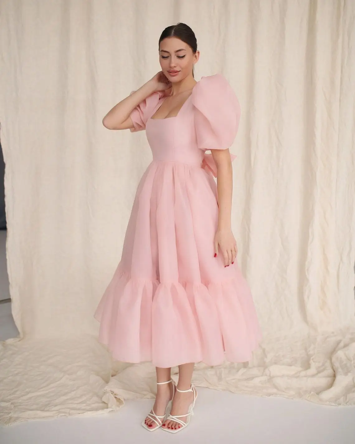 Pink Prom Dresses Organza Tea Length Puffy Short Sleeves Sqaure Neck A Line Simple Evening Engagement Party Gowns Occasion