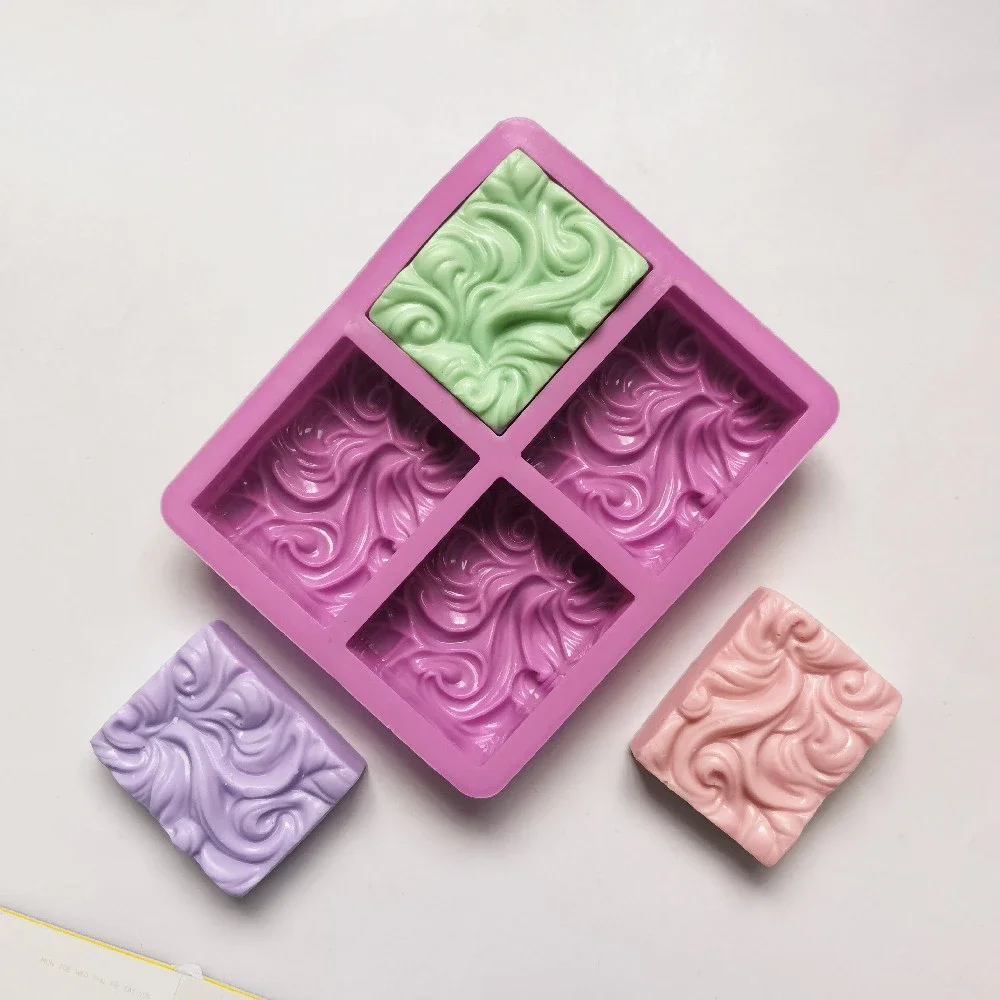 4-Chamber 3D Handmade Silicone Soap Mold Wavy Ripple Pattern Flower Shaped Soap Making Mold DIY Square Round Soap