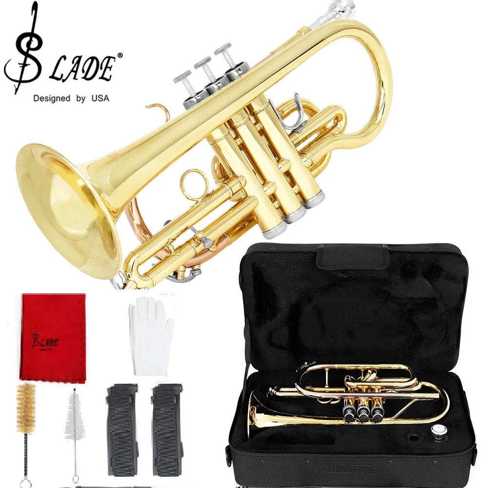 SLADE Professional Bb Cornet Brass Body Gold Lacquer Phosphor Copper Leadpipe Tone Cornet with Storage Box Accessories