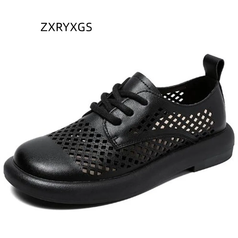 

ZXRYXGS 2023 Promotion Lace-up Full Real Leather Sandals Flat Shoes Woman New Sandals Soft Sole Flat Hollow Breathable Sandals