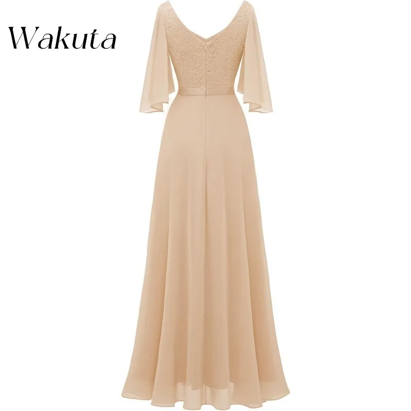 Wakuta Women's Bridesmaid Robe for Wedding Guest Formal Long Prom Mother Bride Lace Chiffon Evening Gowns Платье Для Мамы Жениха