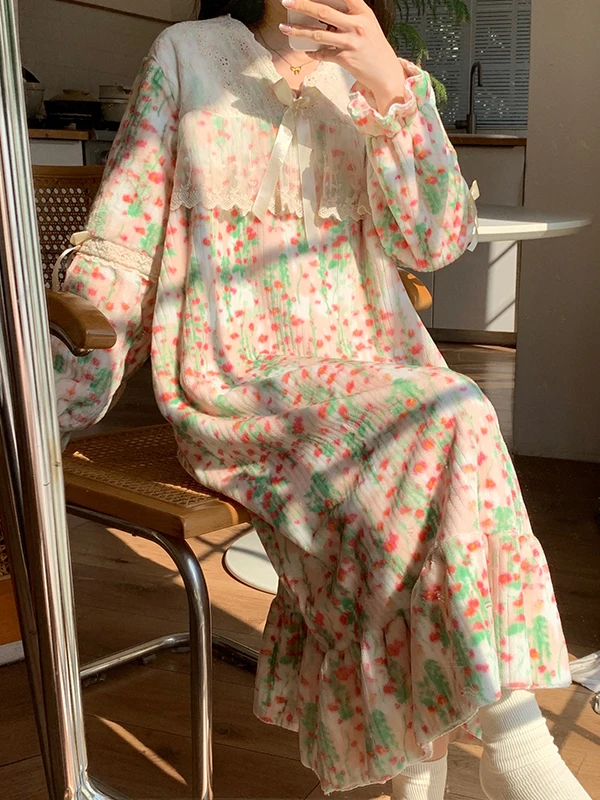 Sweet Floral Print Sleep Dress Women's Thickened Long Sleeve Coral Fleece Home Clothes Can Be Worn outside Autumn Winter New ...