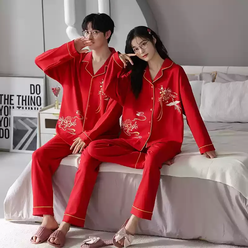 Red Color Sleepwear Cotton Pajamas couple Set Long Button-Down Pyjamas Suit Pijama Women Men Loungewear Plus Size 4XL 3XL Pj Set