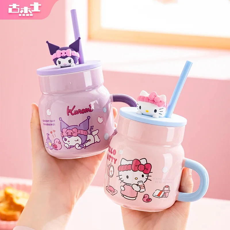 Sanrio 450ml Ceramic Mug Hello Kitty Kuromi Cartoon Water Cups With Straw & 3D Lid Home Office Coffee Cup Tea Cup Drinkware Gift