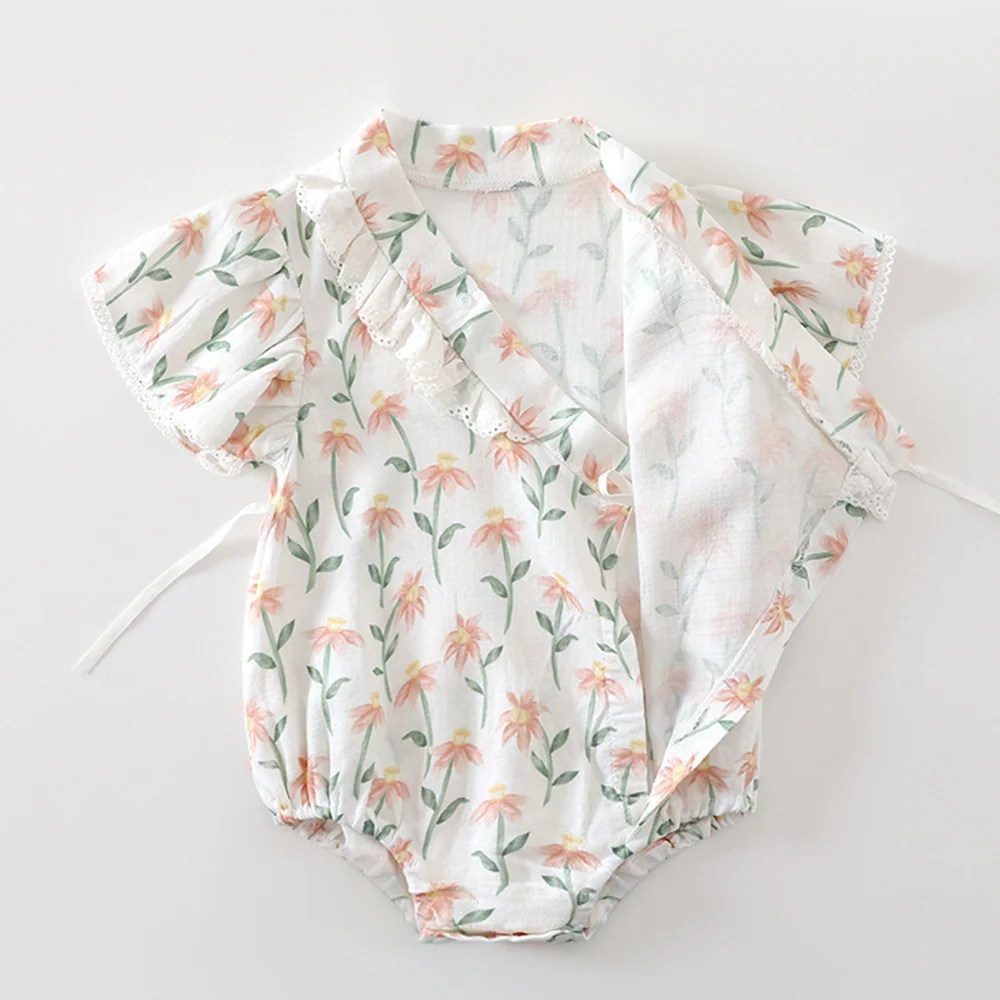 Baby Bodysuit Short Flying Sleeve Ruffles Summer Thin Newborn Baby Girls Clothes V-Neck 1st Birthday Infant Romper Wholesale