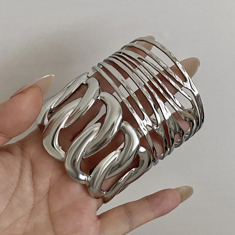

Freetry Minimalist Stainless Steel Wide Opening Bangle for Women Punk Silvery Irregular Hollow Out Bracelet Waterproof Jewelry