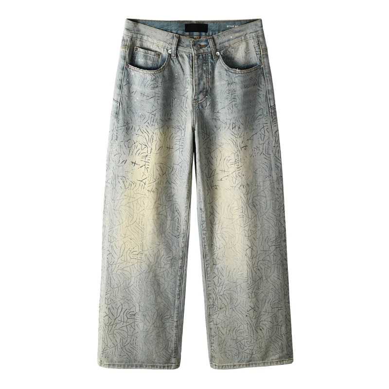 

Повседневные джинсы из искусственной кожи в европейском и американском стиле в стиле ретро для мужчин и женщин, прямые свободные уличные модные брендовые потертые длинные брюки