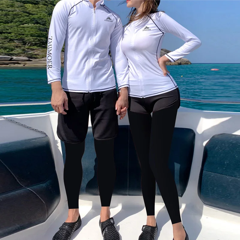 Long Sleeve Rash Guard Women Solid 5 Pieces Swimsuit Zipper Swimwear Bathing Suit Surfing Pad Long Pant Couples Men 3 pieces image 3