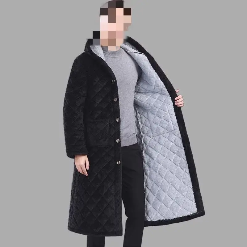 Men's Thickened Fleece Lined Cotton Jacket Loose Long Coat Warm Outerwear Polyester Fiber Silk Cotton Hooded Button Closure