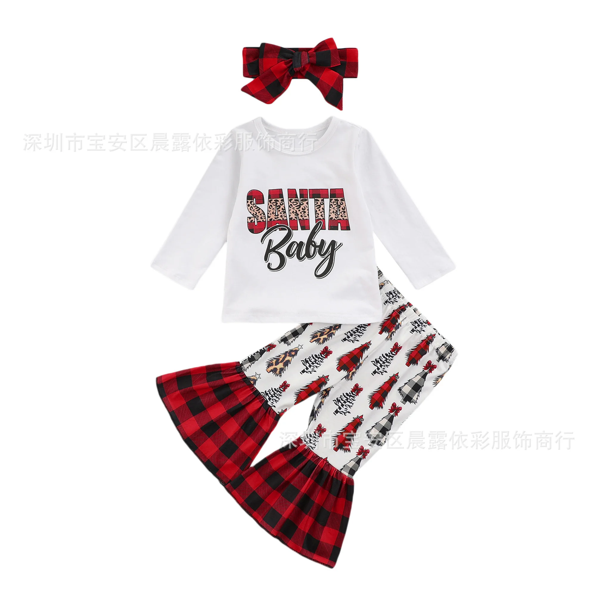 

Cross border children's clothing Christmas new girl set letter T-shirt Christmas tree plaid flared pants three piece set