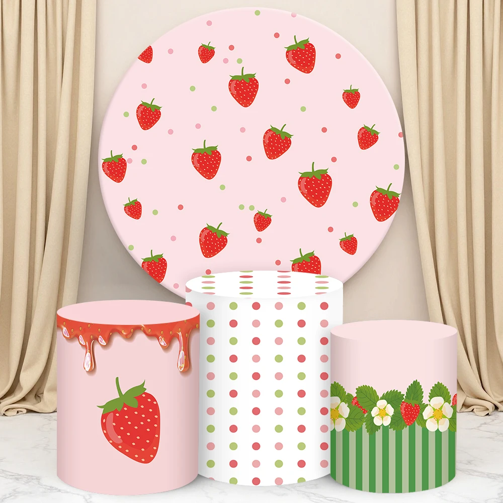 

Pink Strawberry Theme Round Cylinder Backdrop Cover Countryside Style Kids Birthday Decortion Baby Shower Background Cake Cover
